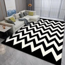 Living room rug in Nordic style, minimalist, striped in black and white.
