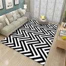 Living room rug in Nordic style, minimalist, striped in black and white.