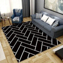 Living room rug in Nordic style, minimalist, striped in black and white.