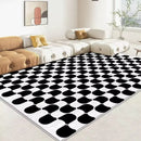 Living room rug in Nordic style, minimalist, striped in black and white.
