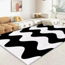 Living room rug in Nordic style, minimalist, striped in black and white.