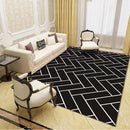 Living room rug in Nordic style, minimalist, striped in black and white.
