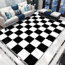 Living room rug in Nordic style, minimalist, striped in black and white.