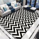 Living room rug in Nordic style, minimalist, striped in black and white.