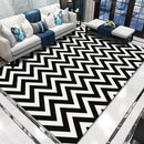 Living room rug in Nordic style, minimalist, striped in black and white.