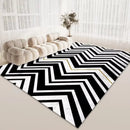 Living room rug in Nordic style, minimalist, striped in black and white.